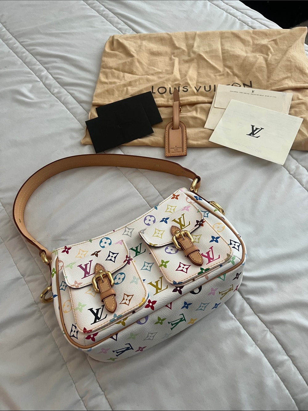 Louis Vuitton White Multicolor Monogram PM lodge Shoulder Bag with Tan Trim